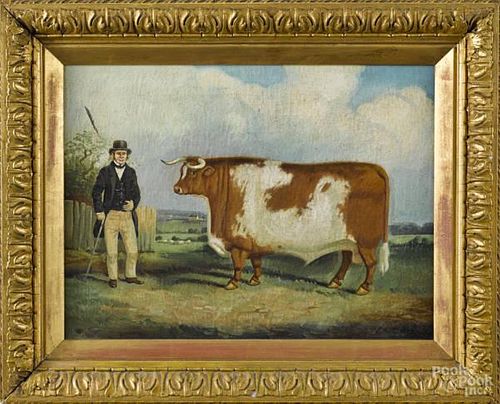 English oil on canvas portrait of a prized cow,
