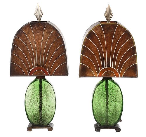 Pair French Art Deco Mica and Glass Table Lamps