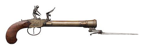 Engraved Brass Flintlock Blunderbuss Pistol with Spring Bayonet, ca 1800 