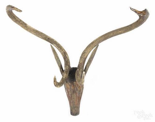 Carved and painted stag head, 19th c., with ant