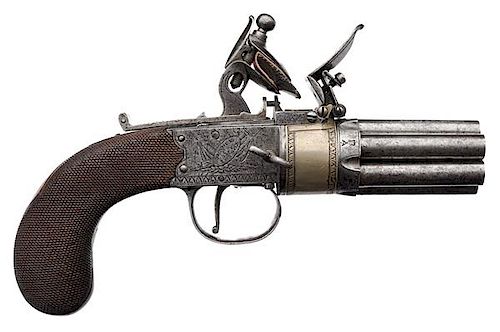 Large English Seven-Barrel Engraved Flintlock Pistol by H. Nock