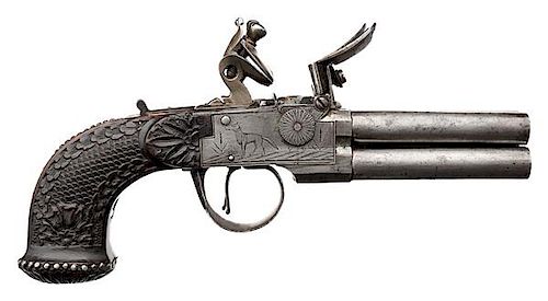 Belgian-Proofed French Four-Barrel Flintlock Pistol with Fancy Carved Wood Grip 