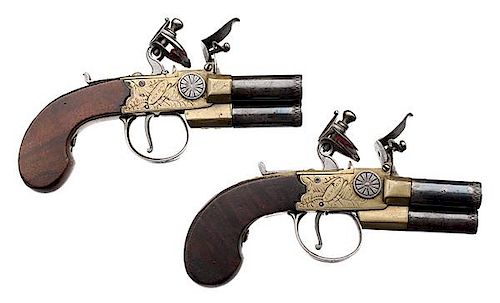 Pair of English Three-Barrel Flintlock Tap Action Pistols by Smith 