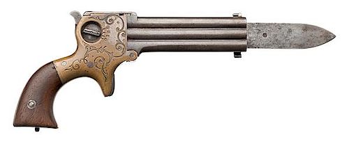 Engraved Wm. W. Marston Three-Barrel .22 Spur Trigger Derringer with Retractable Knife Blade 