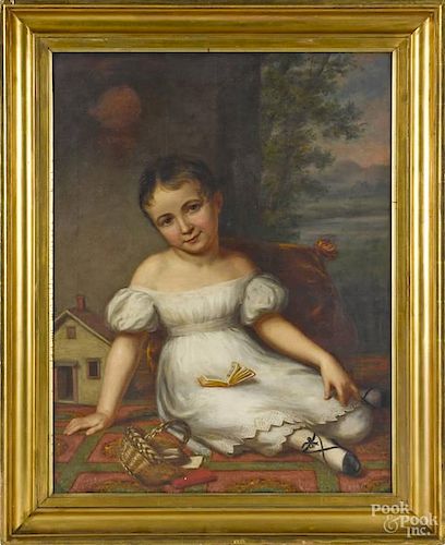 American oil on canvas portrait of a child, mid
