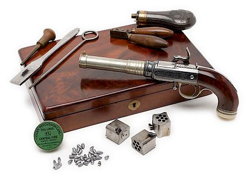 Finest Cased Engraved Henry Harrington Percussion Seven-Shot Volley Pistol  