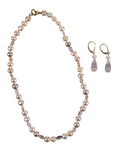 14kt. Pearl and Gemstone Necklace and Earrings