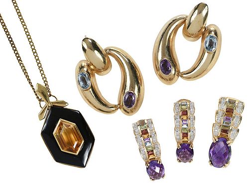 Four Pieces Gold and Gemstone Jewelry