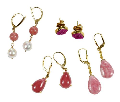 Four Pairs Gold Gemstone Earrings 