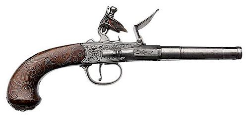 Engraved Side-by-Side Cannon-Barreled Flintlock Pistol by Barbar of London 