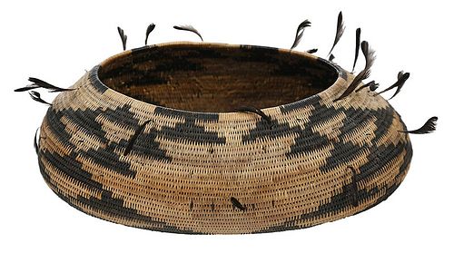 Pomo Coiled Basket with Quail Feather Topknots