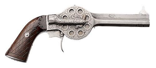 Scarce French J.F. Goudry Engraved Turret Pistol 