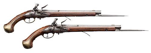 Pair of Horseman’s Flintlock Pistols, Rare When Equipped with Spring Bayonets 