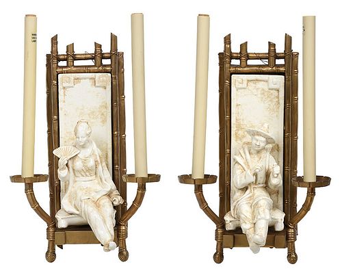 Pair Chapman Chinoiserie Figural Wall Sconces 
