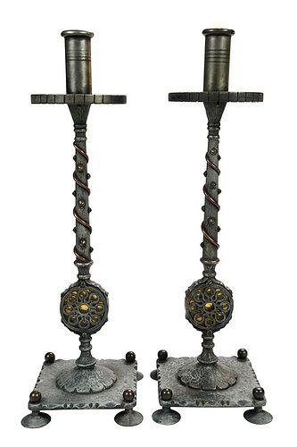 Pair of Oscar Bach Patinated Bronze Candlesticks 