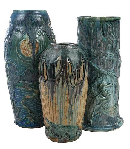 Three M. Cushman Florida Faience Pottery Vases