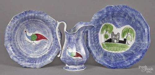 Blue spatter pitcher and basin, 19th c., with p