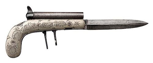 Rare Engraved Belgian-Proofed Double-Barrel Percussion Knife Pistol 