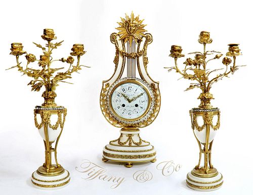 Tiffany & Co. Bronze & Marble Clock Set