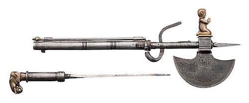 Ornate Iron Matchlock Axe Gun with Dagger Stored in Barrel 