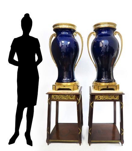 Monumental Pair of French Bronze Mounted Sevres Vases
