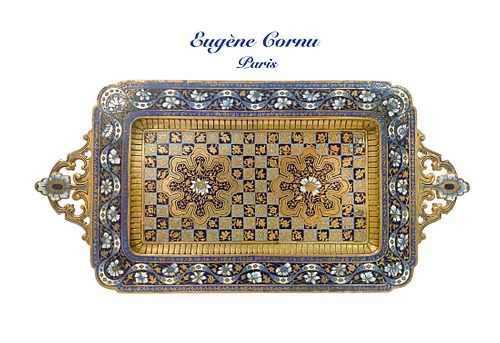 19th C French Gilt Bronze Champleve Enamel Tray, Signed