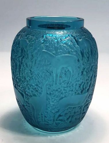 Biches, A Lalique Blue Turquoise Crystal Vase, Signed