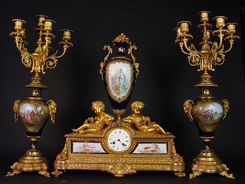 19th Century Large French Sevres Gilt Bronze Clock Set