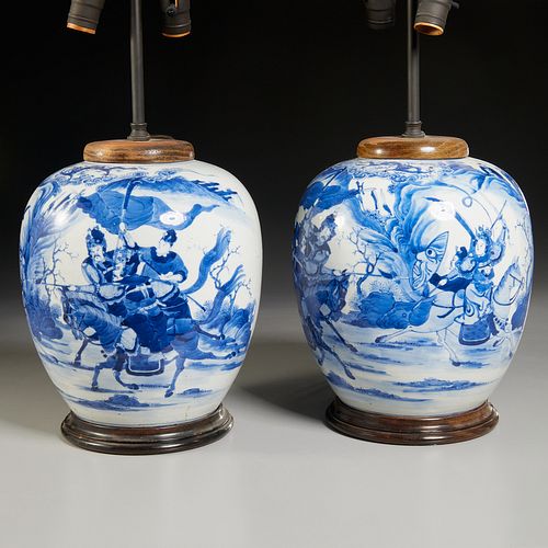 Pair Chinese blue and white lamps, Parish-Hadley