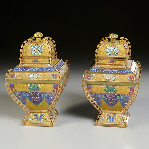 Pair Chinese cloisonne covered Taotie jars