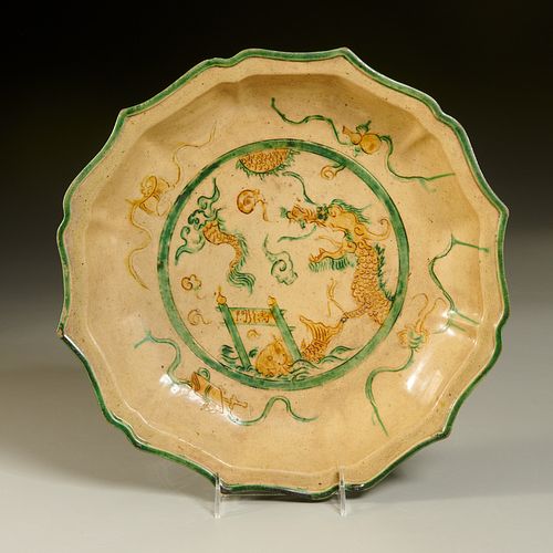 Large Chinese sancai glazed pottery dragon dish
