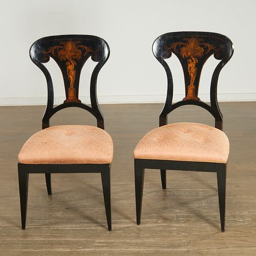 Pair Biedermeier penwork, lacquer side chairs