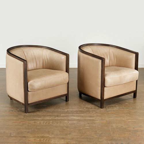 Pair Donghia leather upholstered barrel chairs