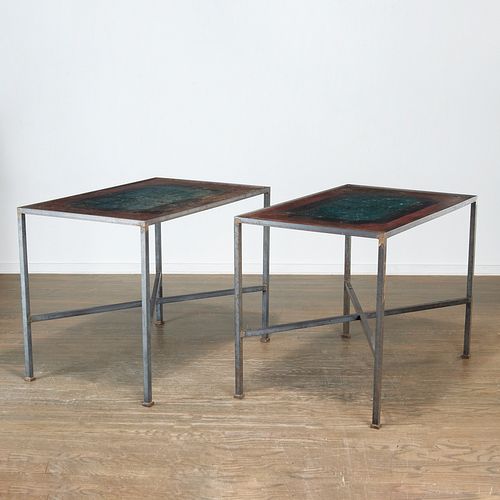 Pair steel & painted slate tables, ex Nina Griscom