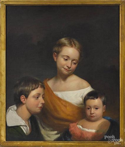 American oil on canvas portrait of three childre