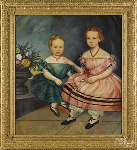 American oil on canvas portrait of two sisters,