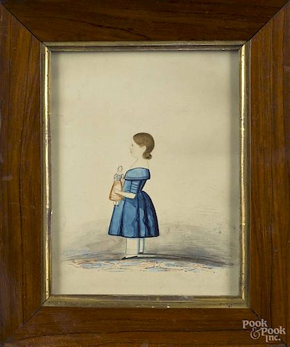 Miniature watercolor portrait of a child holding