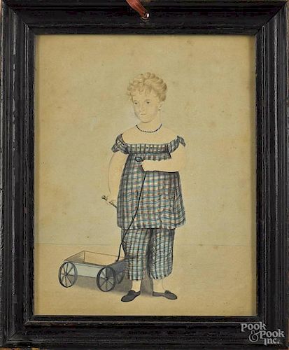 Miniature watercolor portrait of a child pulling