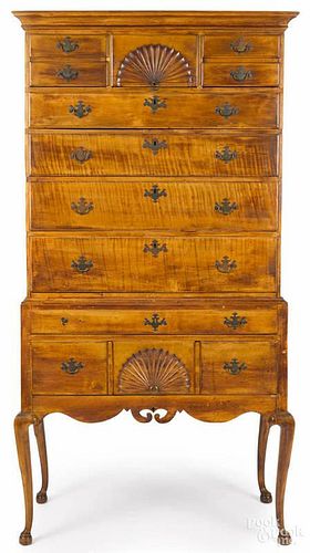 New England Queen Anne figured maple high chest,