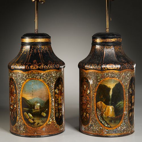 (2) English tole tea canister lamps, Parish-Hadley