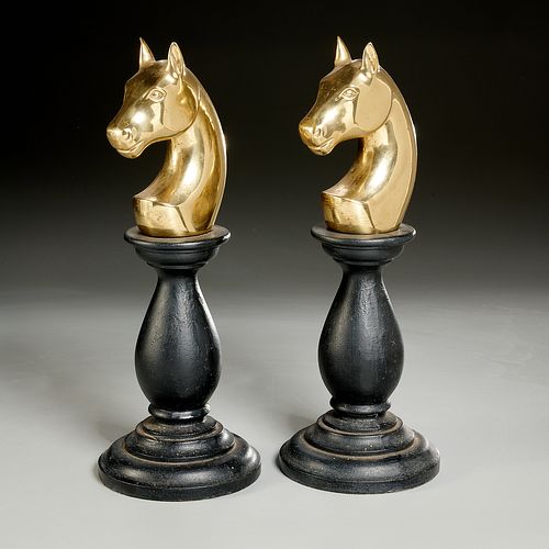 Pair Equestrian Knight chess piece andirons