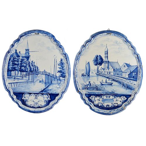 Pair large Delft blue and white wall plaques