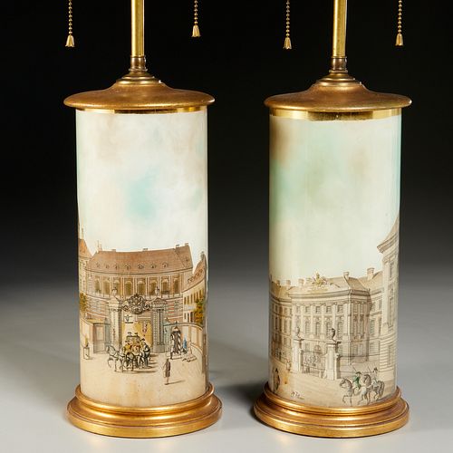 Pair Decalcomania glass table lamps