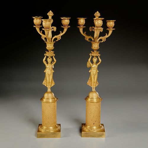 Pair French Restauration gilt bronze candelabra