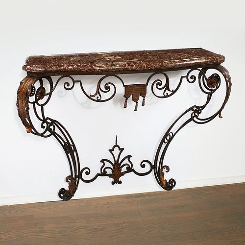 Antique French parcel gilt marble top iron console