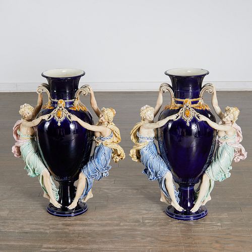Choisy le Roi, pair large French majolica vases