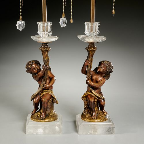 Pair Continental bronze and rock crystal lamps