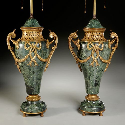 Pair large Louis XV style bronze, marble urn lamps