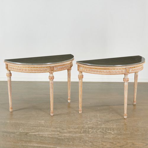 Pair Louis XVI style demilune console tables