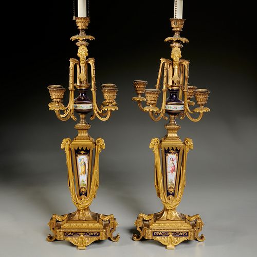 Pair Louis XVI style bronze, porcelain candelabra